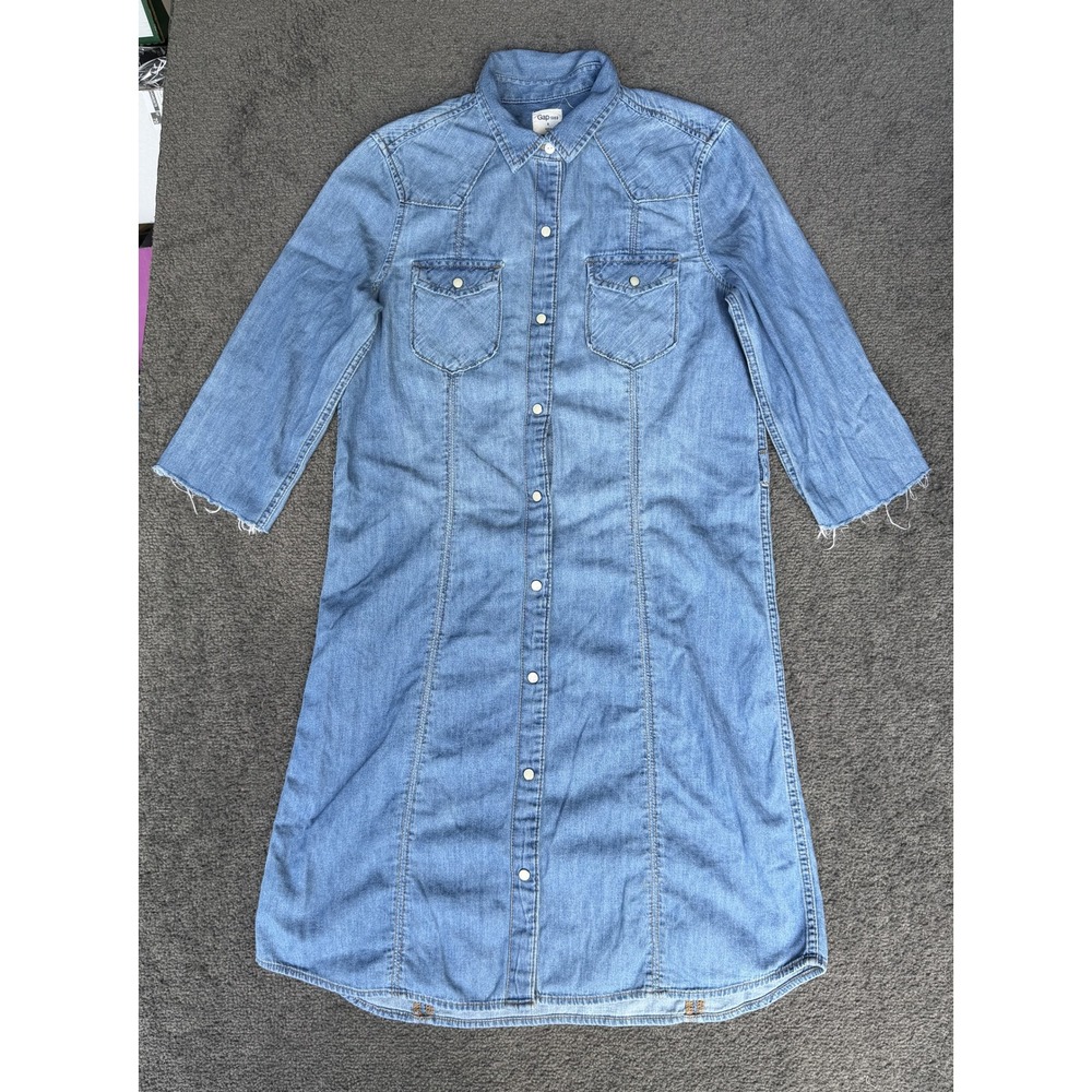 Gap 1969 Womens Blue Denim Western Snap Front Midi Shirt Dress Size S Raw Hem